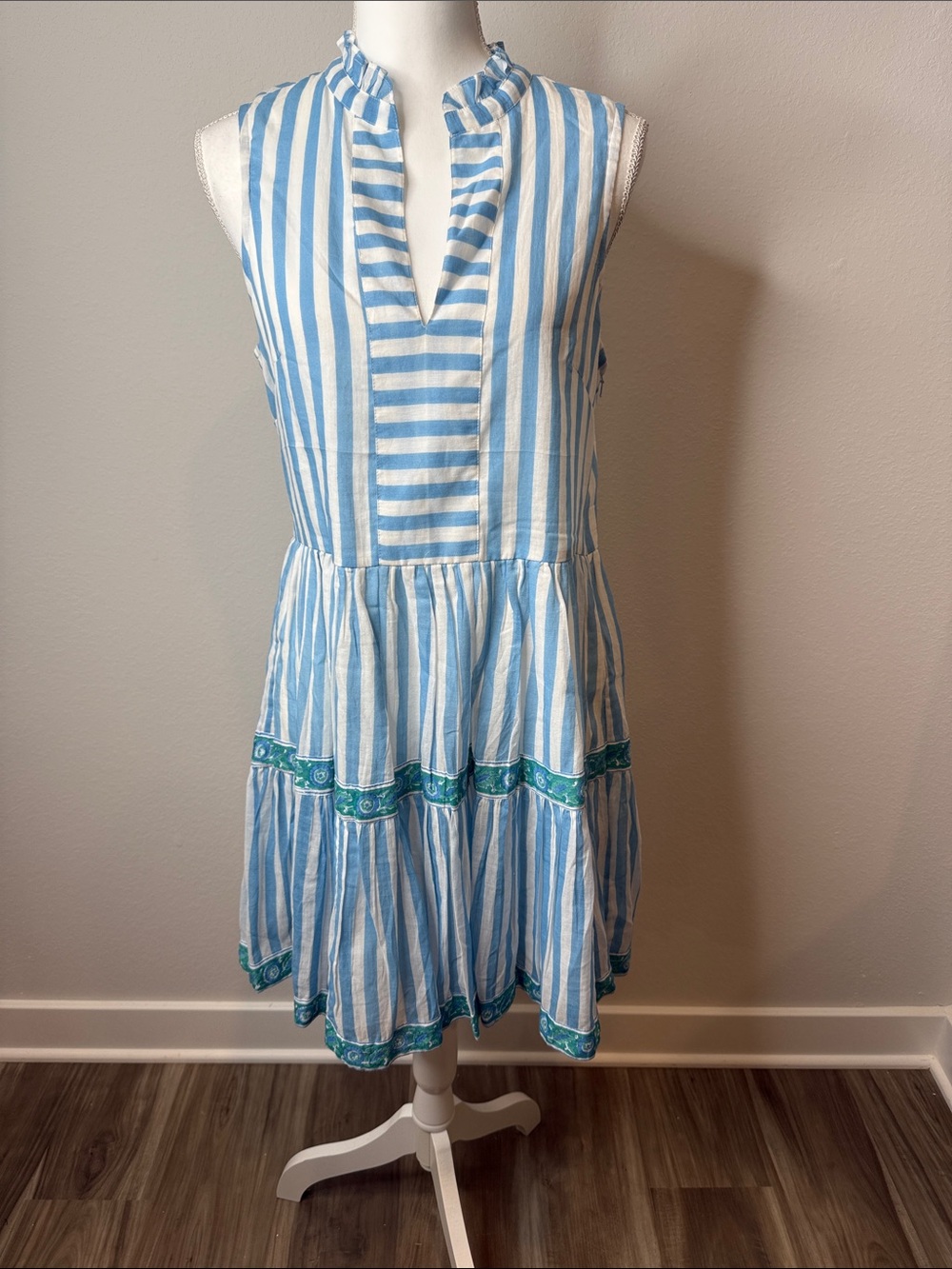 Oliphant Blue & White Striped Tiered Sundress with Teal Trim Size Medium Beach